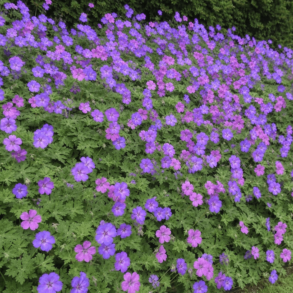 A dense carpet of flowering groundcovers (like Geranium) that suppresses weeds effectively.
