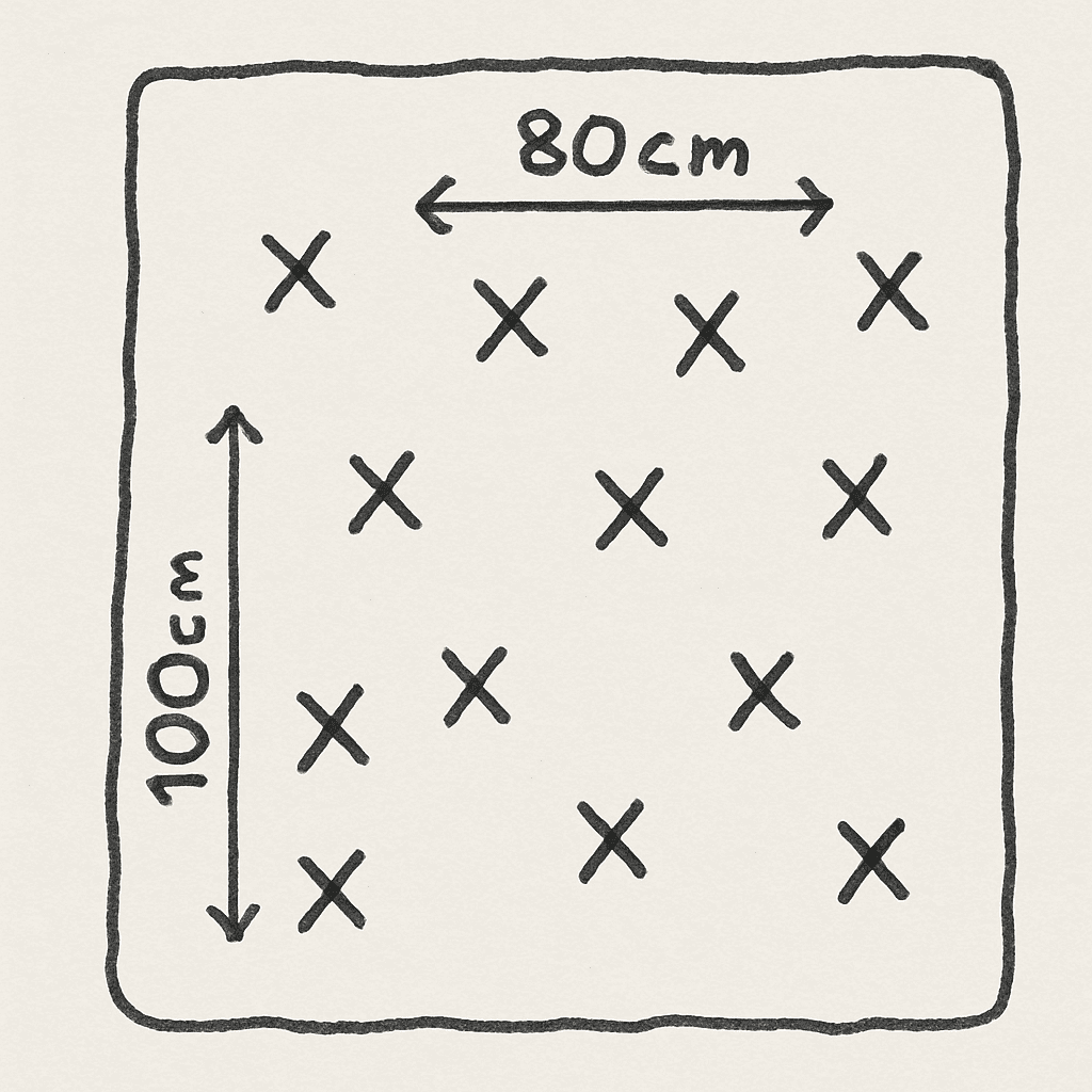 Eine vereinfachte Skizze eines Gartenbeetes von oben, die Pflanzen mit 'X' markiert und Pfeile für 80 cm und 100 cm Abstände zeigt.
