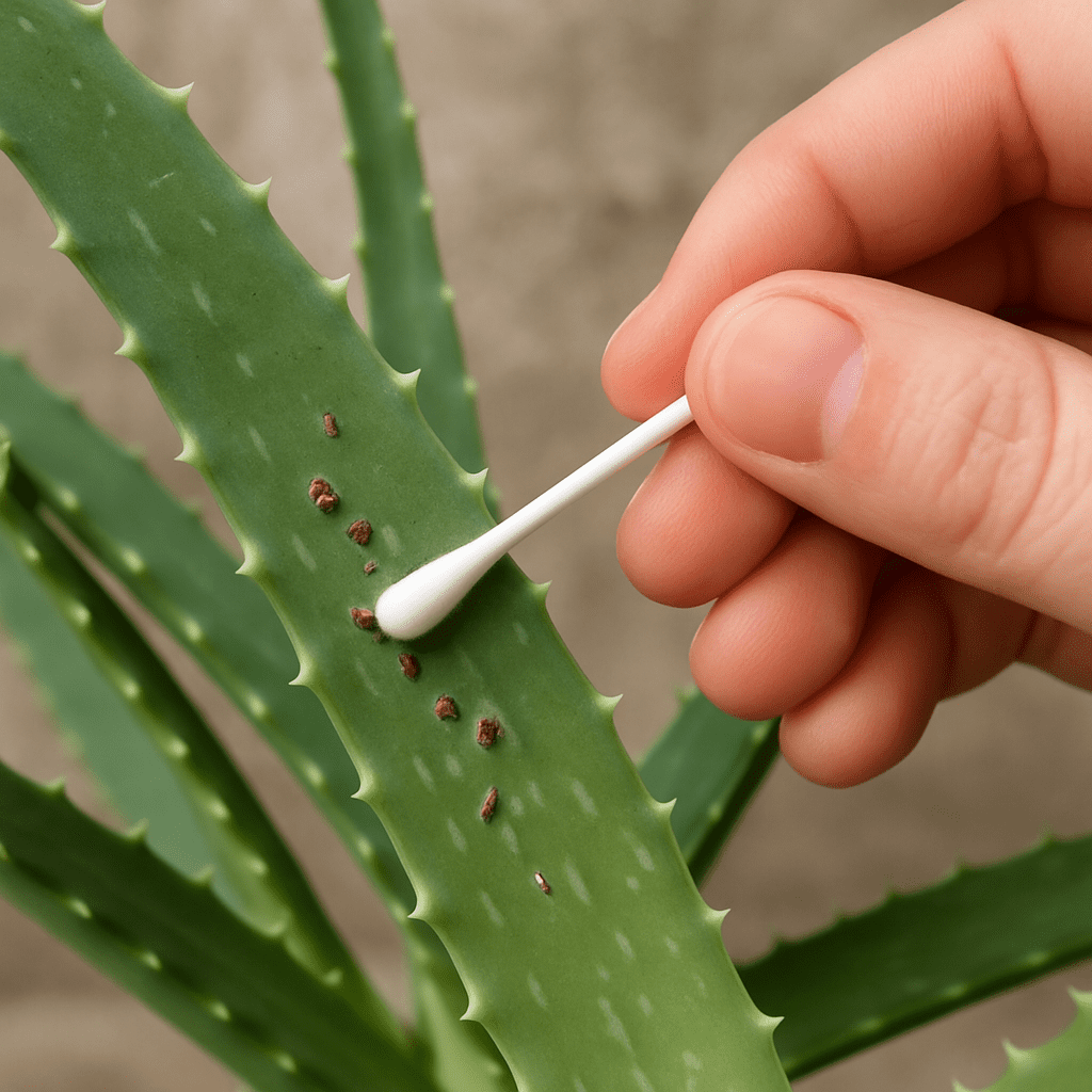 Person tupft mit einem Wattestäbchen vorsichtig Schädlinge von einem Aloe Blatt