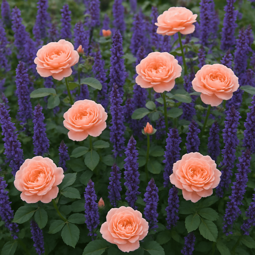 Traumhafte Kombination aus blühenden Rosen und Salvia nemorosa