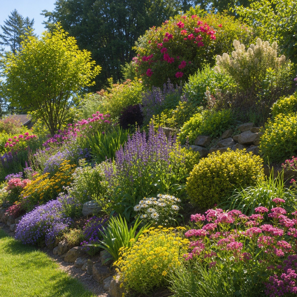 Ein wunderschön bepflanzter Gartenhang mit blühenden Stauden und kleinen Sträuchern im Sonnenschein