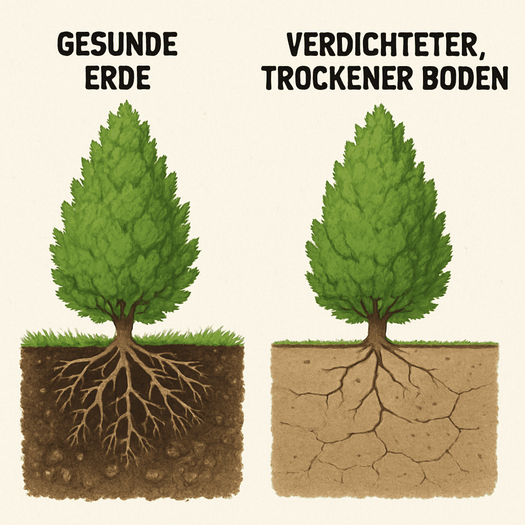 Unterschied zwischen gesunder Erde und verdichtetem, trockenen Boden unter einer Thuja