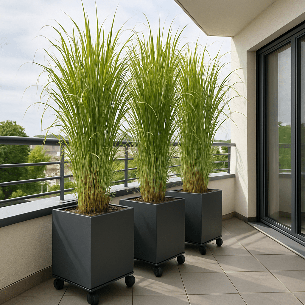 Mobile Pflanzkästen mit hohem Chinaschilf auf einem modernen Balkon