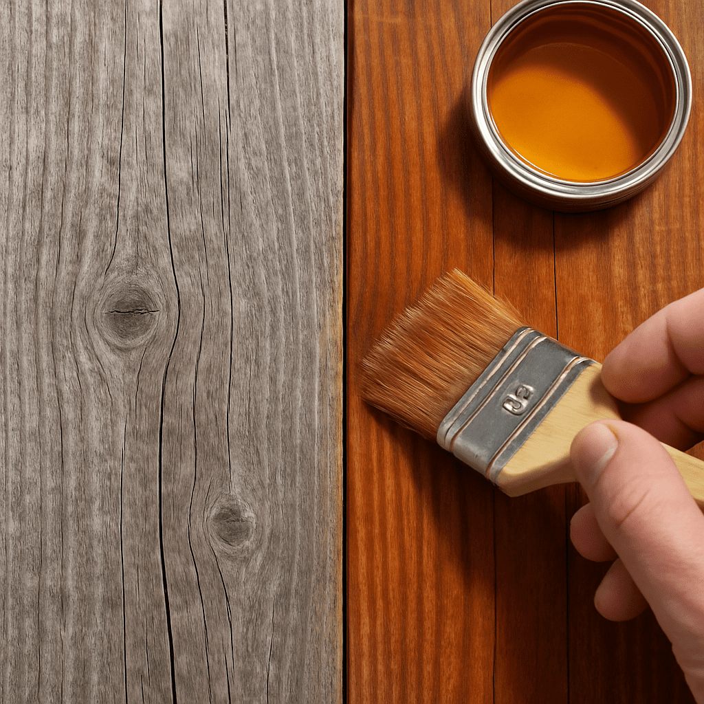 A split photo showing a weathered (grey) piece of wood being oiled to reveal its original warm color.