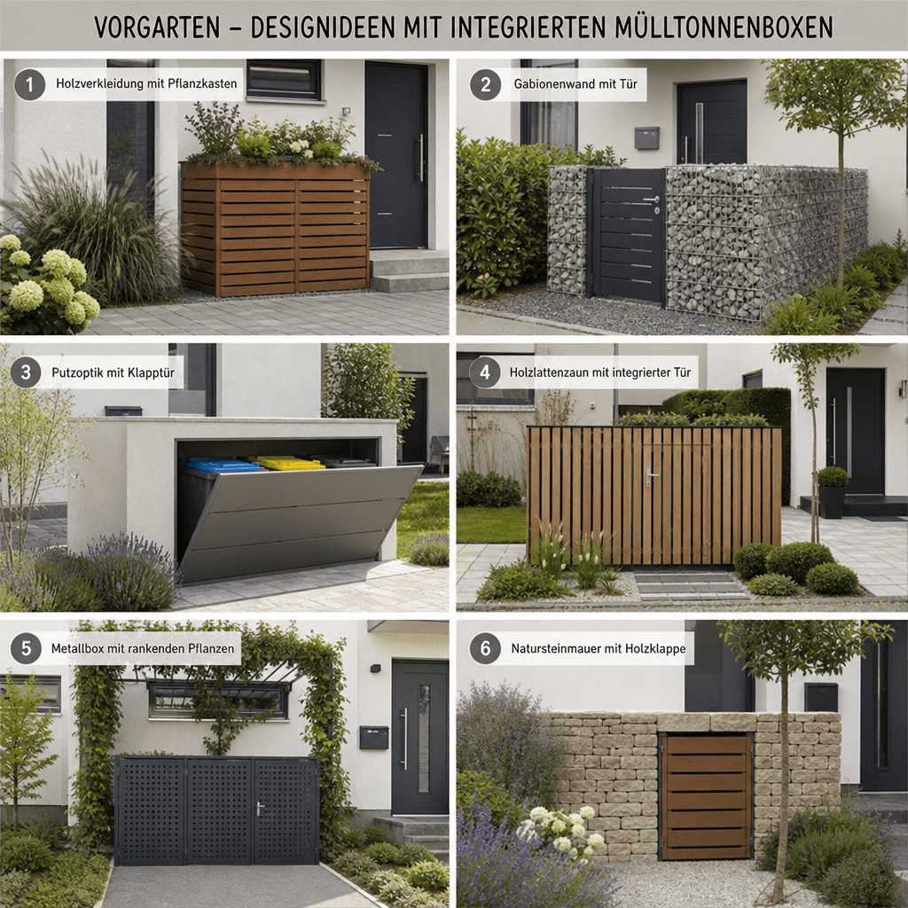 Verschiedene Designideen für den Vorgarten mit integrierten Mülltonnenboxen