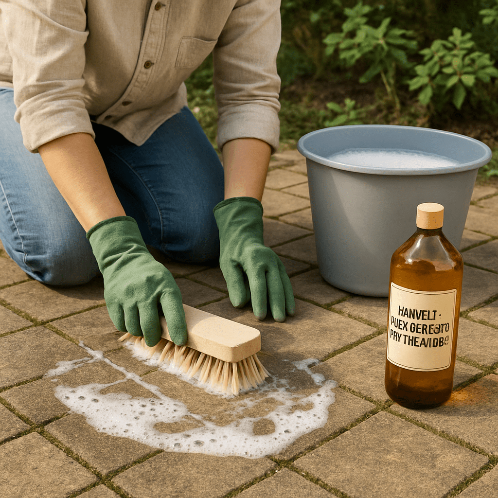 Eine Person schrubbt Terrassenplatten mit einer umweltfreundlichen Seifenlauge