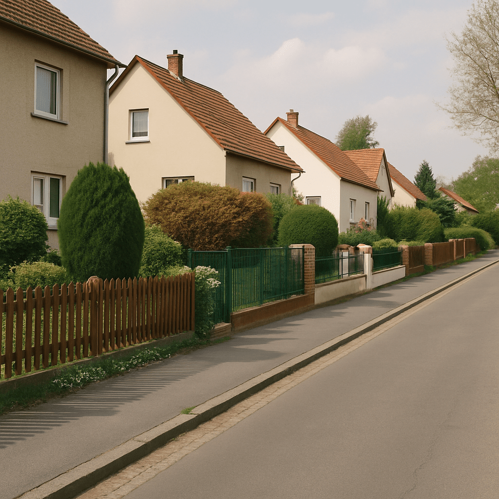Eine Vorortsstraße, in der verschiedene Vorgärten und ortsübliche Zäune zu sehen sind