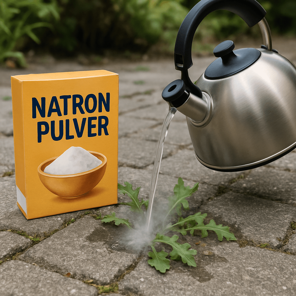 Natronpulver und heißes Wasser zur Unkrautbekämpfung