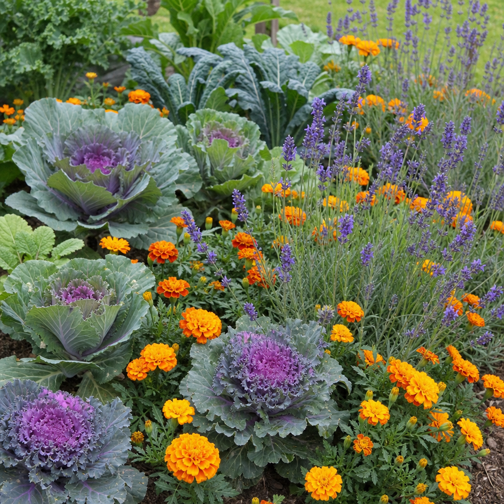 Ein kreativ gemischtes Beet mit Kohl, Ringelblumen und Lavendel