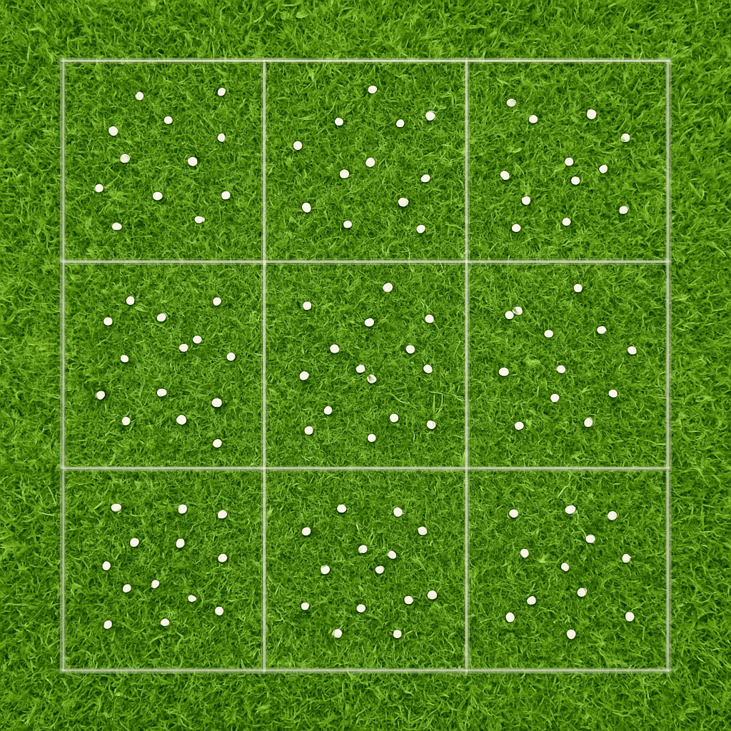 A top-down view of a lush green lawn with a subtle overlay showing a square meter grid to help visualize the dosage of fertilizer pellets.