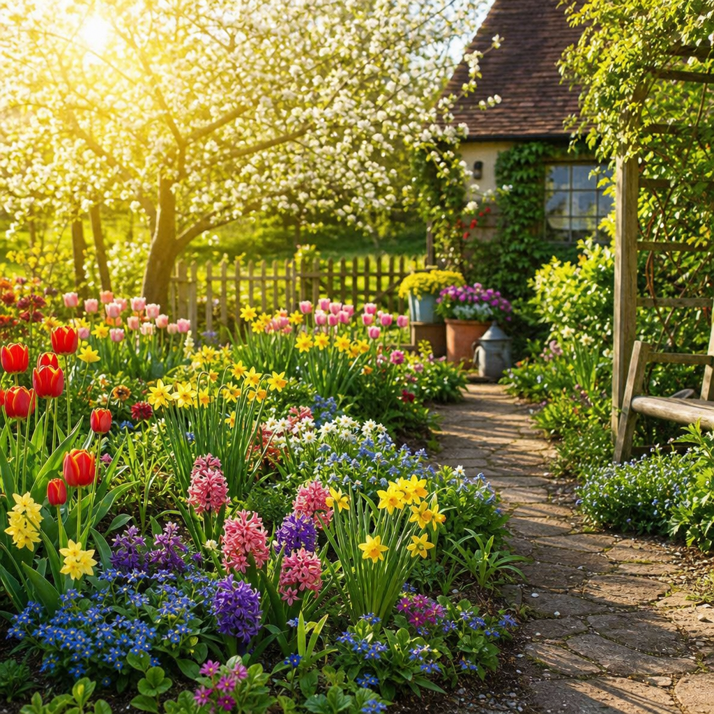 Ein blühender Frühlingsgarten im warmen Sonnenlicht