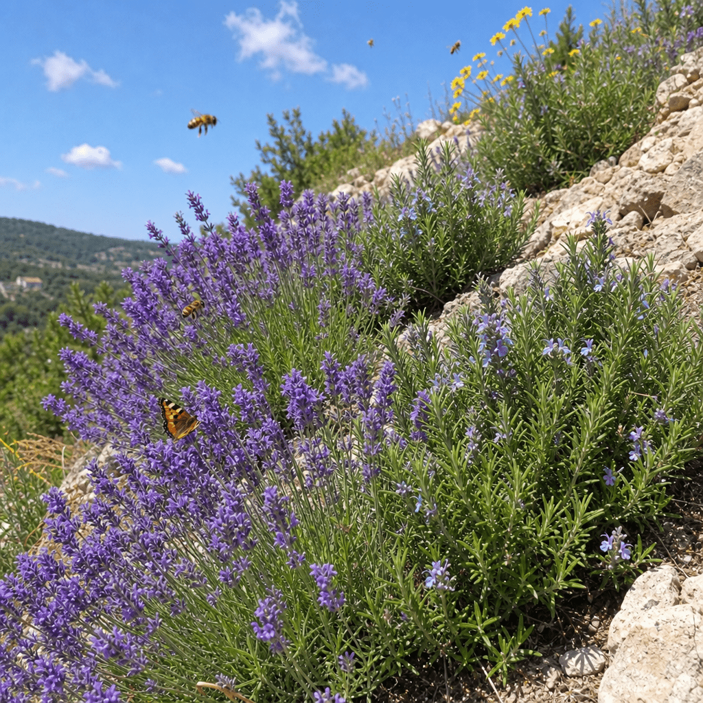 Bienenfreundliche Lavendel- und Rosmarinbüsche an einem sonnigen Steilhang mit Insekten
