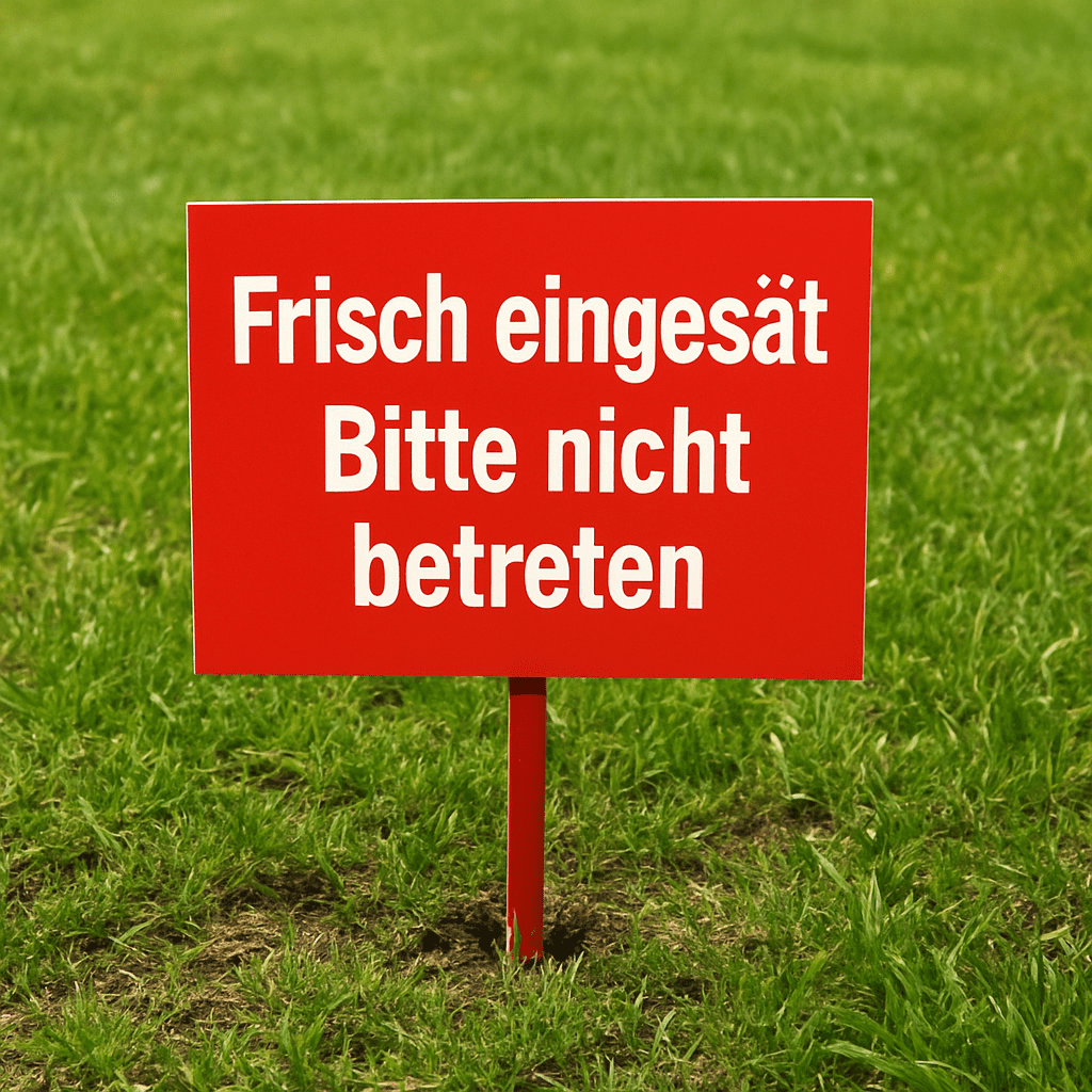 Ein rotes Warnschild mit der Aufschrift 'Frisch eingesät - Bitte nicht betreten' auf einem Rasen
