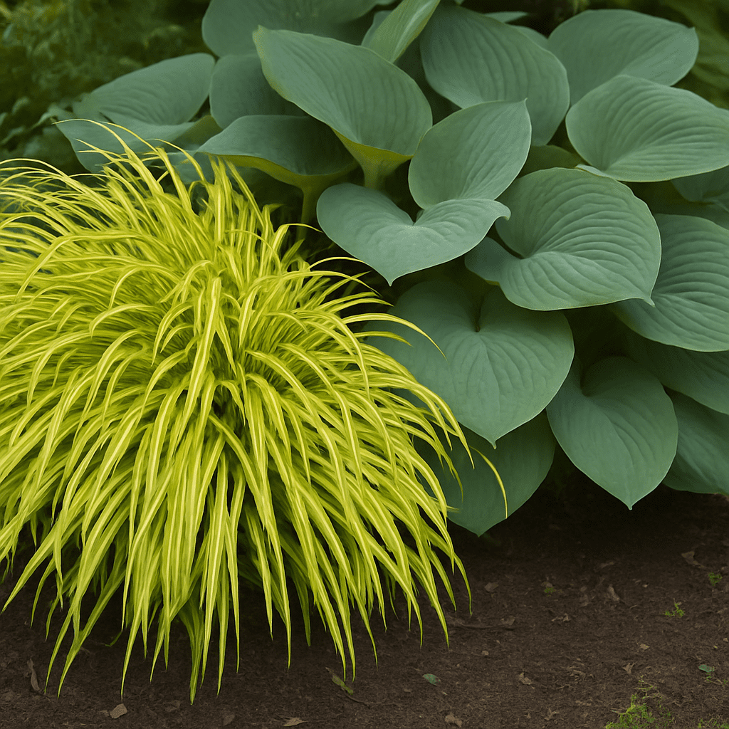 Kombination aus gelb-grünem Hakonechloa macra Aureola und großblättrigen Funkien im Beet
