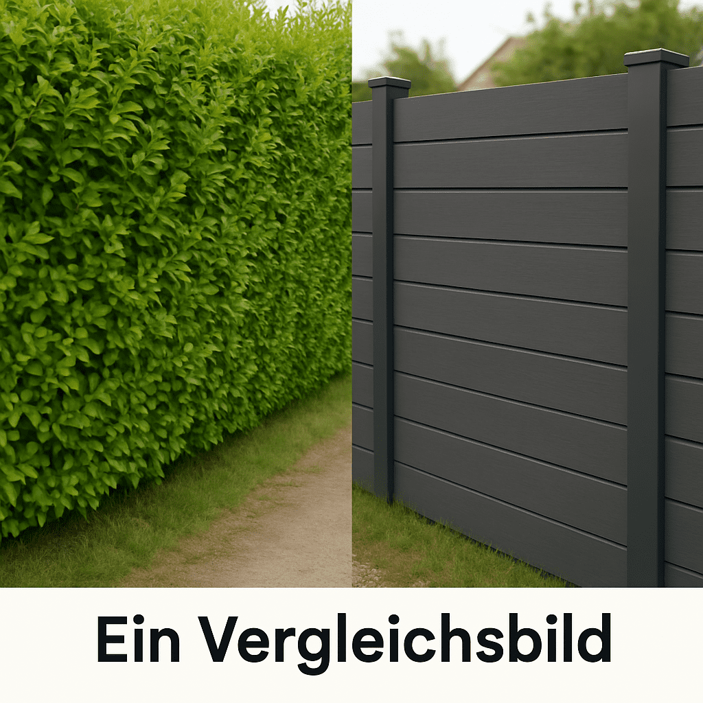 Ein Vergleichsbild: Eine sattgrüne Hecke auf der linken Seite und ein moderner WPC-Zaun auf der rechten Seite