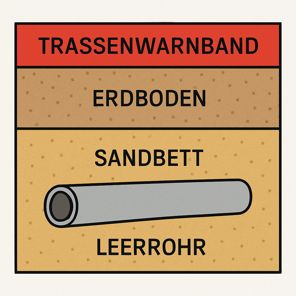 Schematische Darstellung eines Kabelgrabens mit Sandbett, Leerrohr und Trassenwarnband
