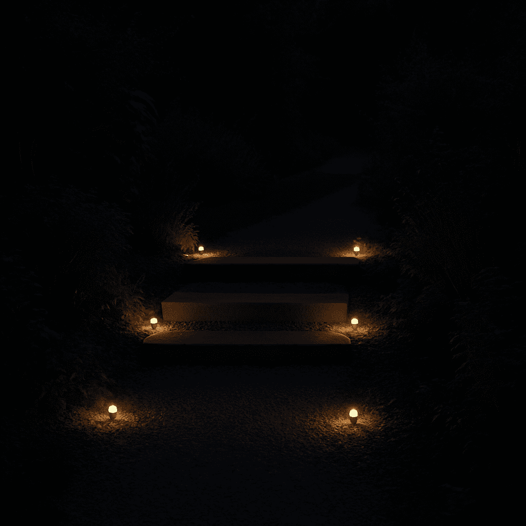 Ein Gartenweg bei Nacht, auf dem LED-Spots mit geringer Intensität Stufen und Kies markieren