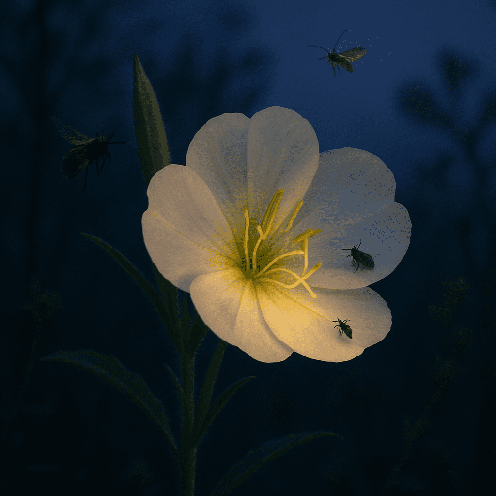 Eine weiße Nachtkerze, die in der Dämmerung leuchtet und Insekten anlockt.