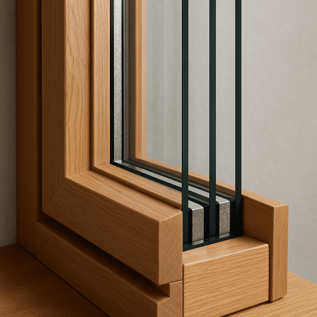 Modernes Holzfenster mit Dreifachverglasung von Nahem