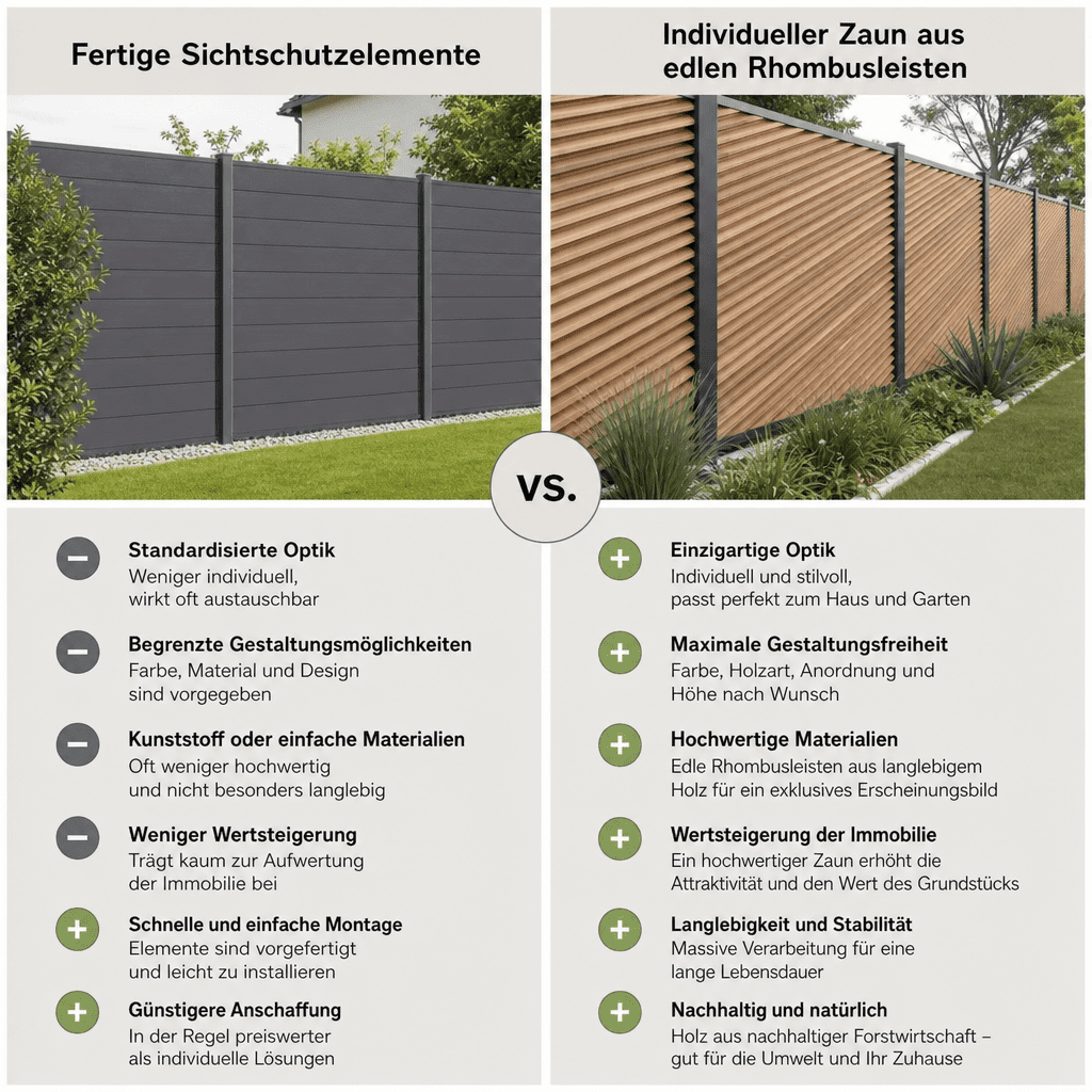 Vergleich zwischen fertigen Sichtschutzelementen und einem individuellen Zaun aus edlen Rhombusleisten