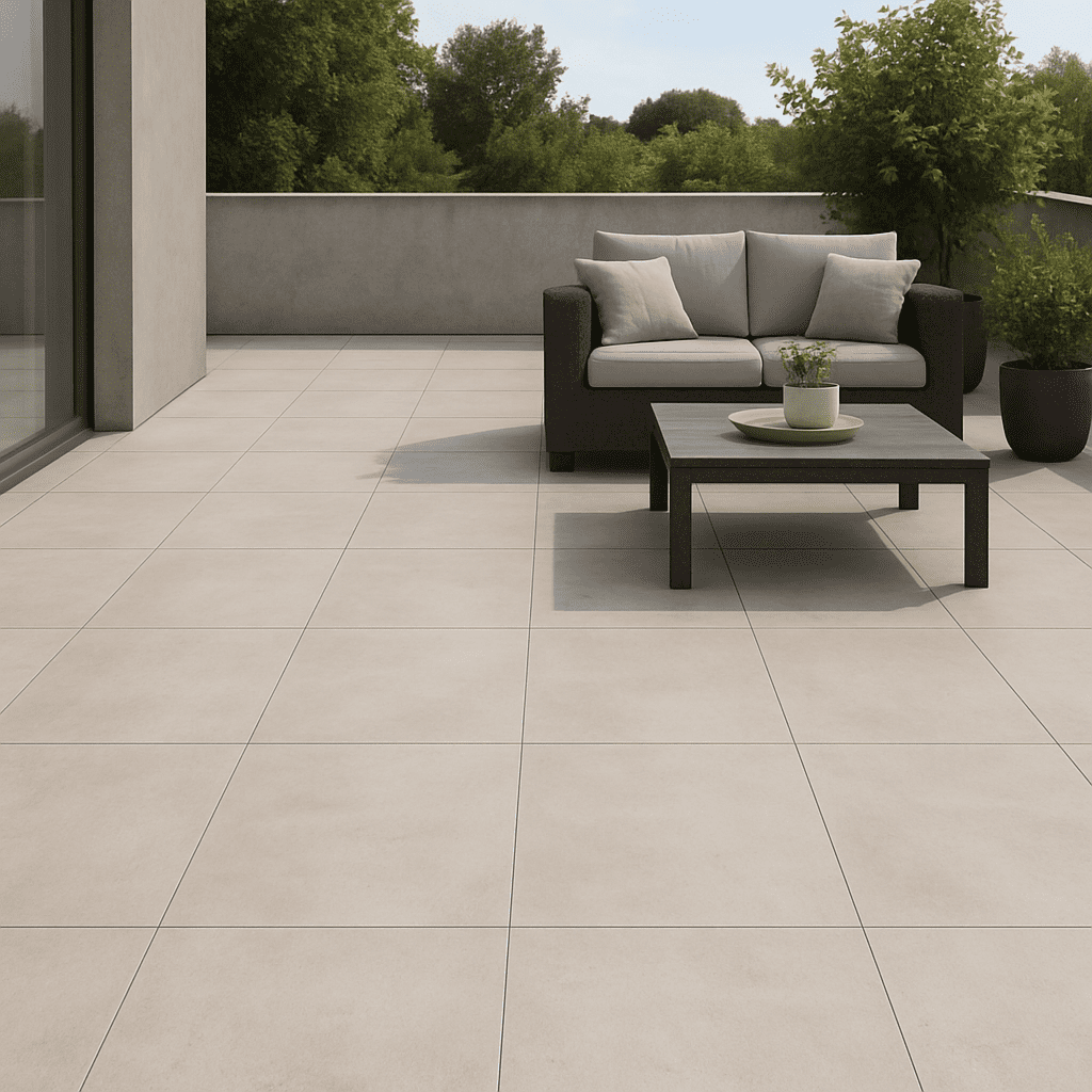 Eine Terrasse mit großformatigen, hellen Feinsteinzeugfliesen in moderner Betonoptik.
