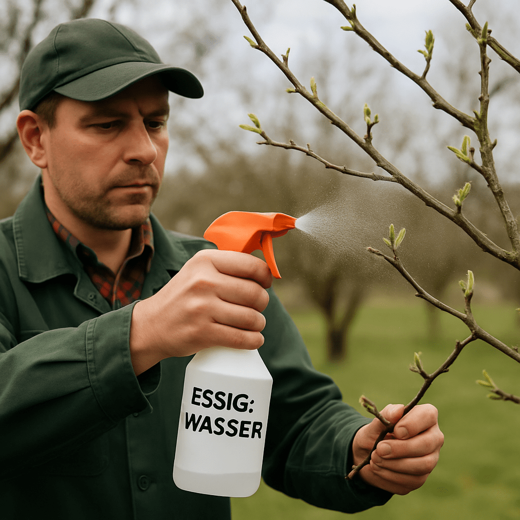 Gärtner sprüht ein Essig-Wasser-Gemisch auf die Äste eines Baumes im Frühjahr