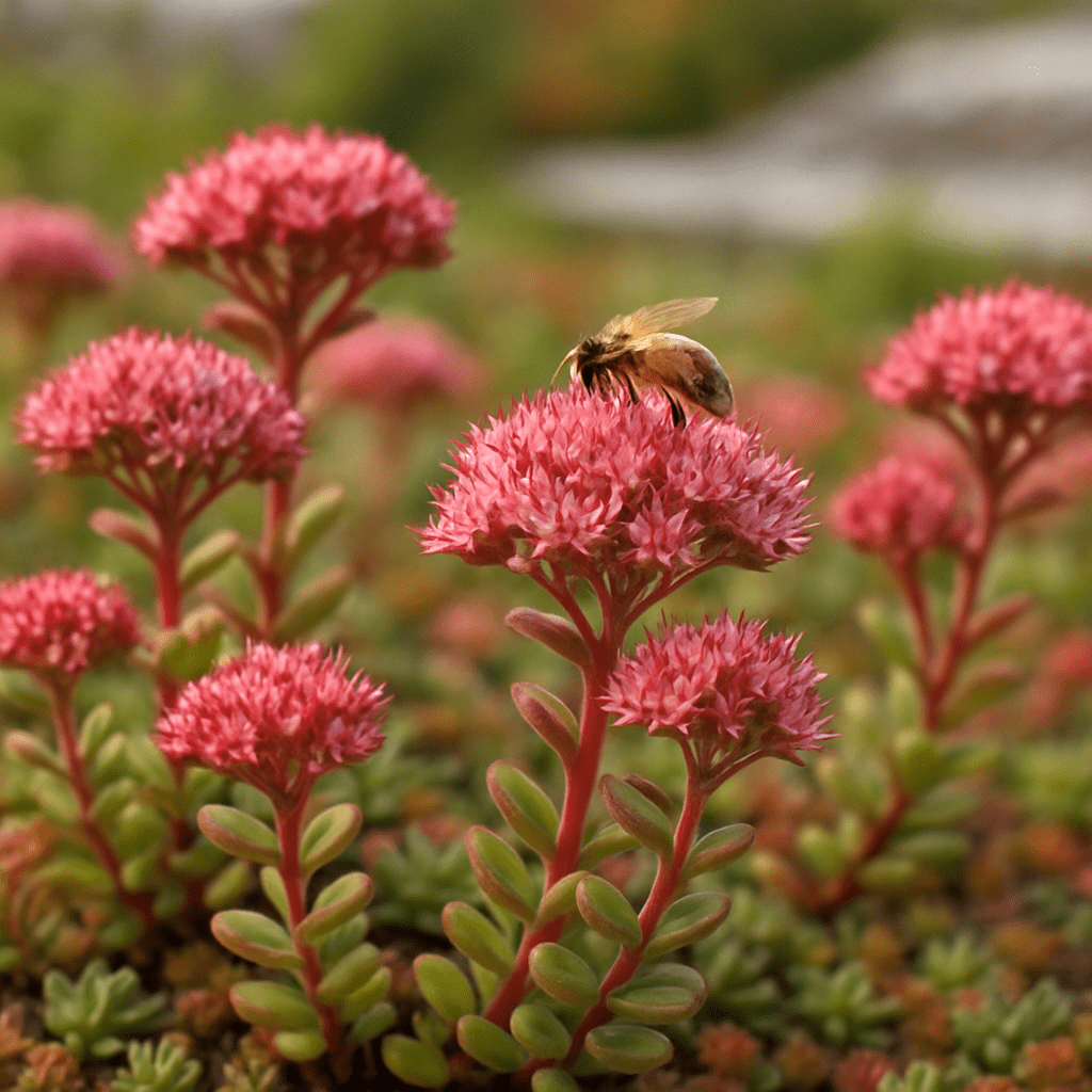 Nahaufnahme von blühenden Sedum-Pflanzen auf einem Gründach mit einer Biene