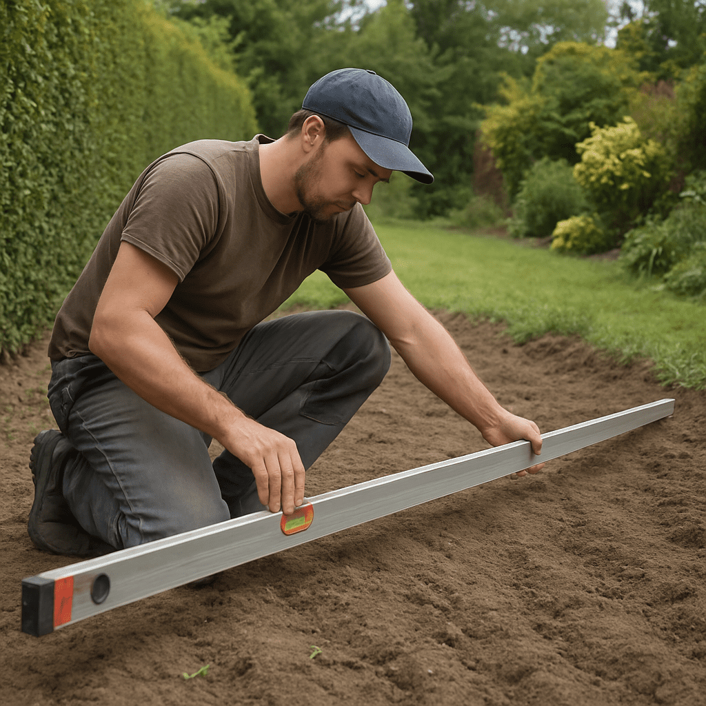 Handwerker misst das Gefälle im Garten mit einer langen Richtlatte und Wasserwaage