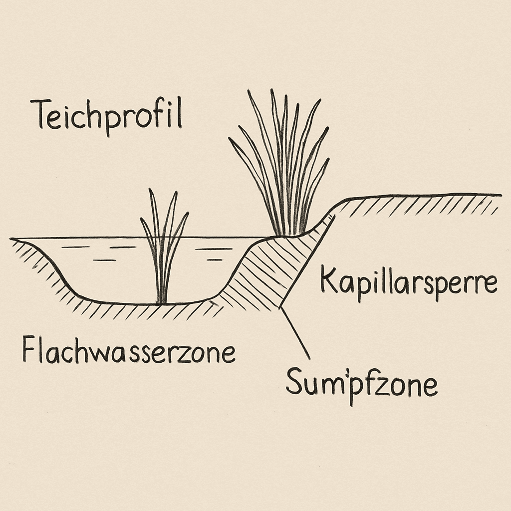 Querschnitt und Skizze eines Teichprofils mit Flachwasserzone, Sumpfzone, Kapillarsperre und angrenzendem Gartenboden