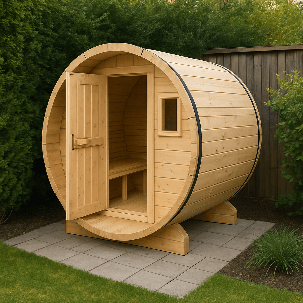 Fasssauna aus hellem Holz in einer Gartenecke.
