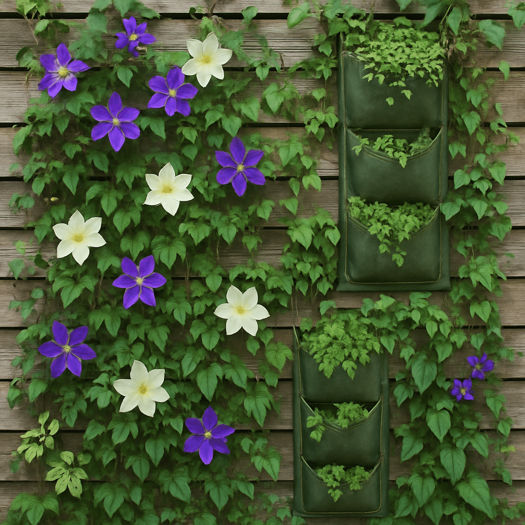 Begrünte Holzwand mit verschiedenen Kletterpflanzen, Clematis und vertikalen Pflanztaschen