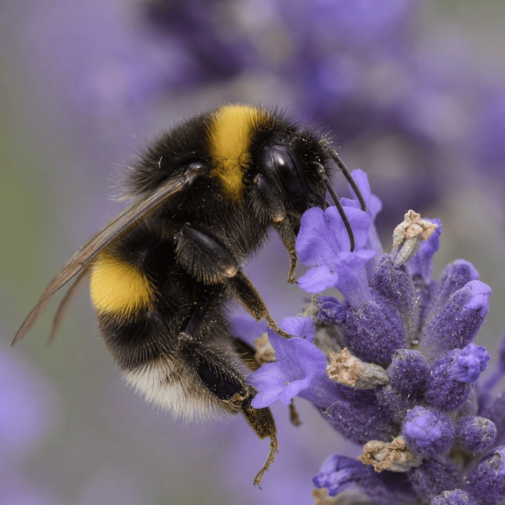 Nahaufnahme einer Hummel, die Nektar auf einer lila Lavendelblüte sammelt