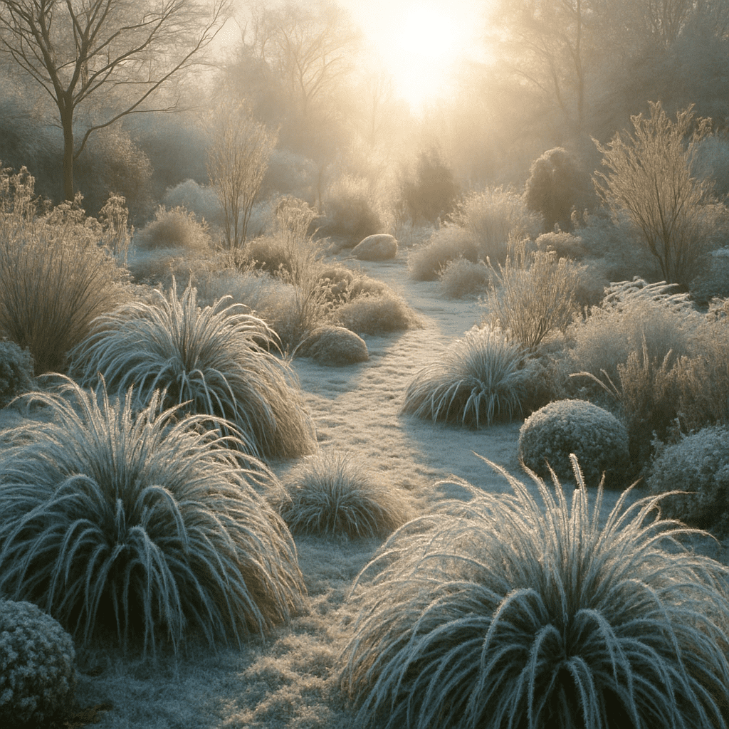 Ein wunderschöner winterlicher Garten mit frostbedeckten immergrünen Gräsern im Sonnenlicht