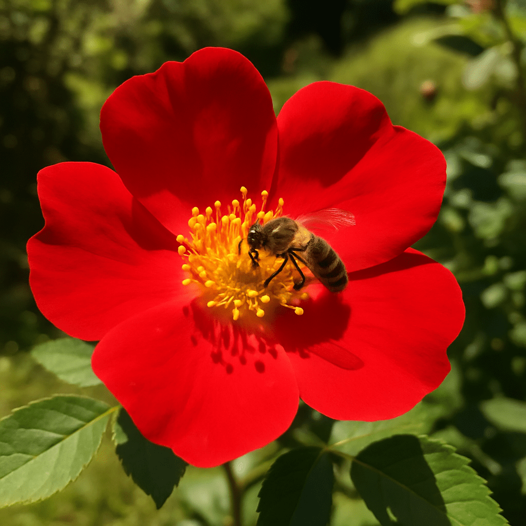 Ungefüllte, leuchtend rote Rose mit einer Wildbiene auf den gelben Staubgefäßen in einem sonnigen Garten
