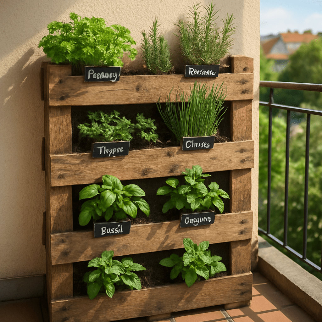Ein vertikaler Kräutergarten aus einer alten, bepflanzten Europalette auf einem sonnigen Stadtbalkon