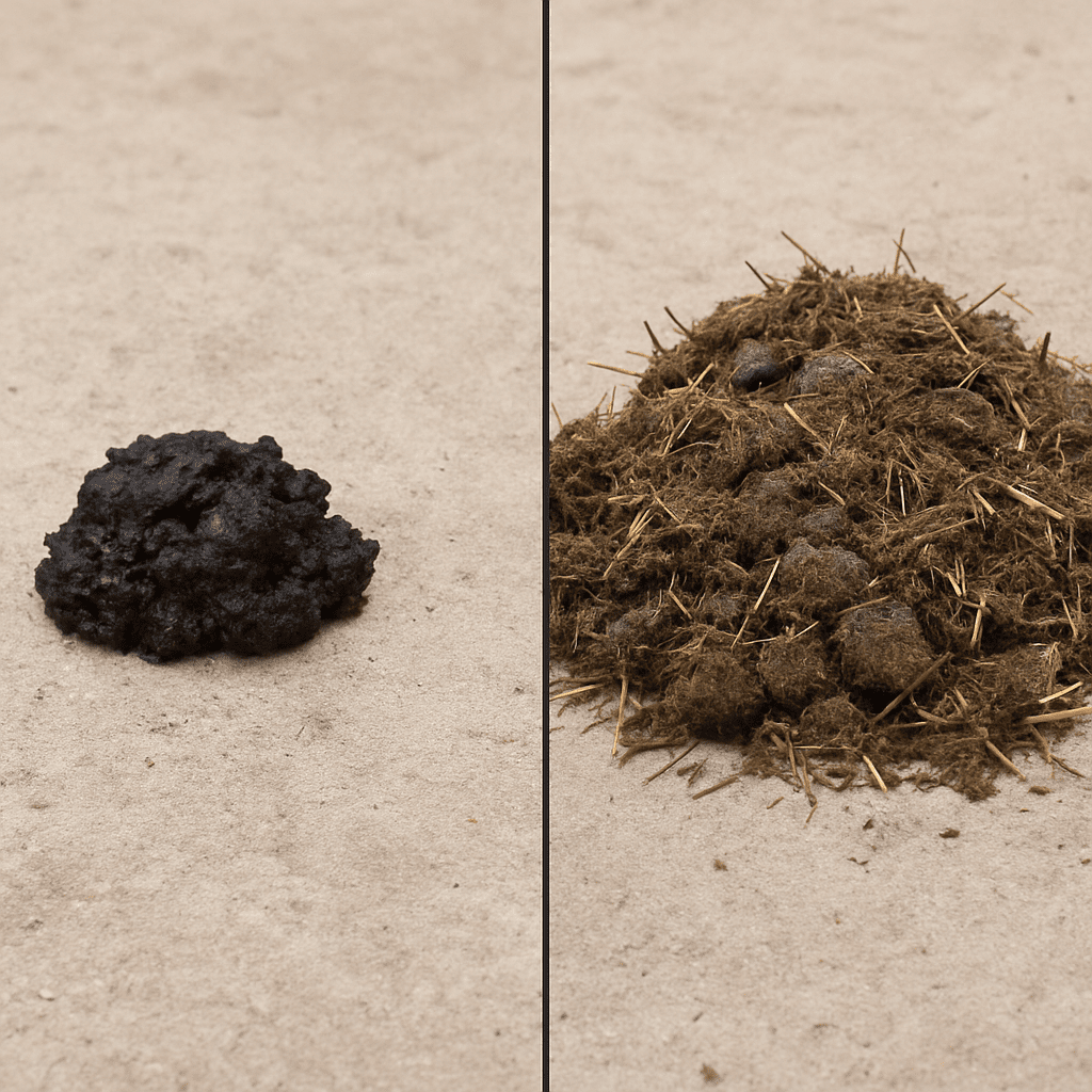A simple side-by-side comparison image: on the left, a small pile of dark, concentrated chicken manure; on the right, a larger, straw-heavy pile of horse manure.