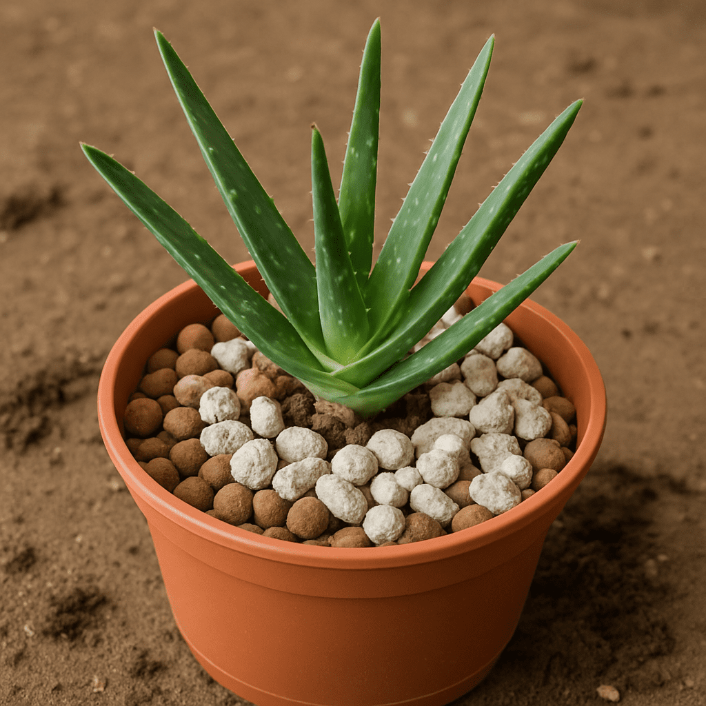 Frisch umgetopfte Aloe Vera in einem Topf mit Drainageschicht und Bimsstein