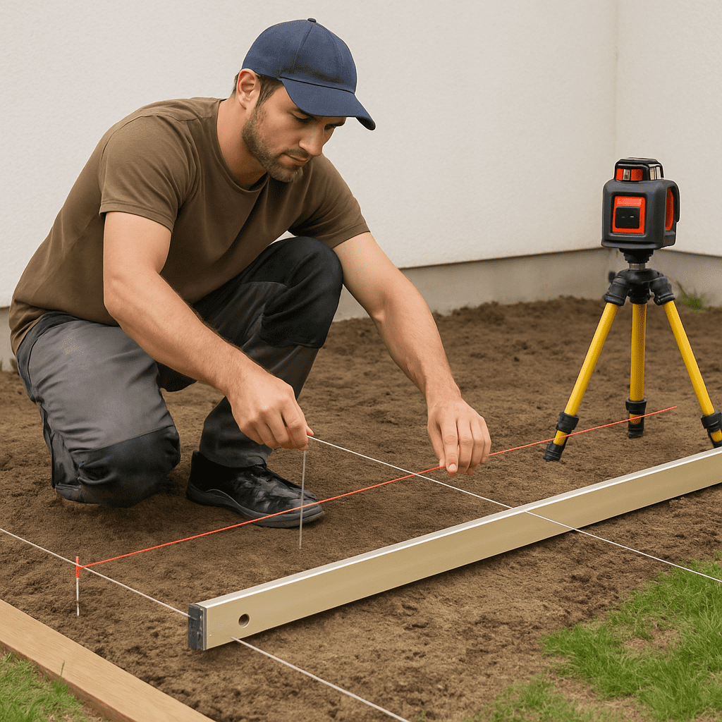 Ein Handwerker spannt ein Schnurgerüst mit Richtlatte und Lasergerät beim Bau einer Terrasse