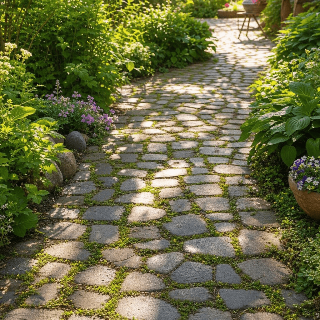 Gartenweg mit idyllisch grün bepflanzten Pflasterfugen im Sonnenlicht