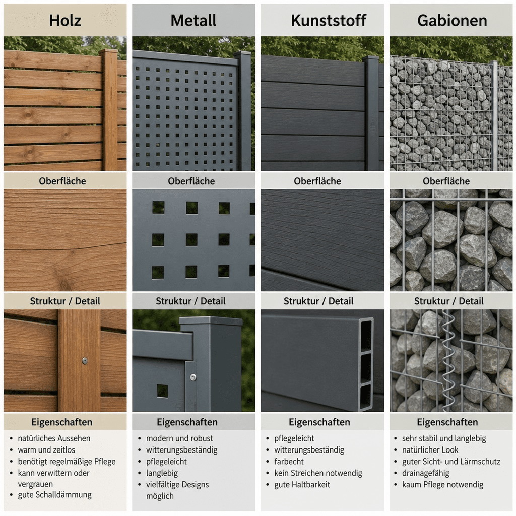 Materialvergleich: Holz, Metall, Kunststoff und Gabionen im Detail