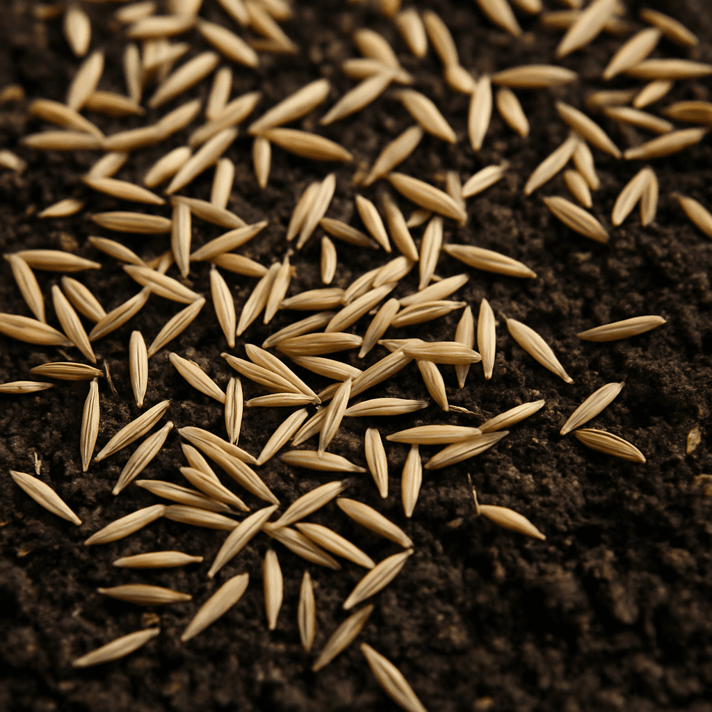 Ein Nahaufnahme von frischen Grassamen, die auf dunkle Gartenerde gestreut werden