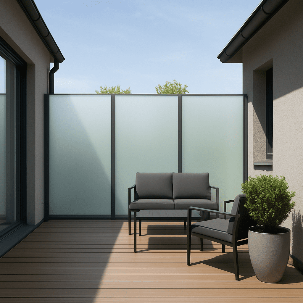 Eine moderne Terrasse mit einer eleganten Sichtschutzwand aus Milchglas als Trennung zum Nachbarn