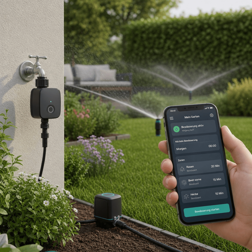 Ein modernes Smart-Garden-Bewässerungssystem im Einsatzbedienung per Smartphone