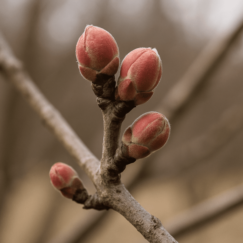 Nahaufnahme von anschwellenden Knospen an einem Pfirsichbaum im späten Winter