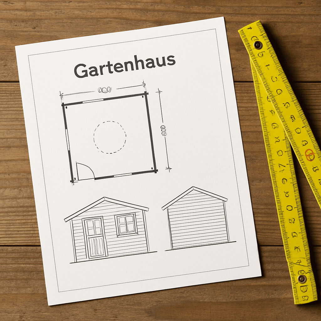 Bauplan und Zollstock auf einem Holztisch, Planung eines Gartenhauses