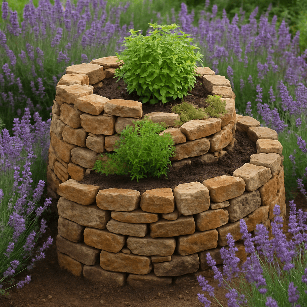 Eine aus rustikalen Natursteinen gebaute Kräuterspirale, umgeben von blühendem Lavendel