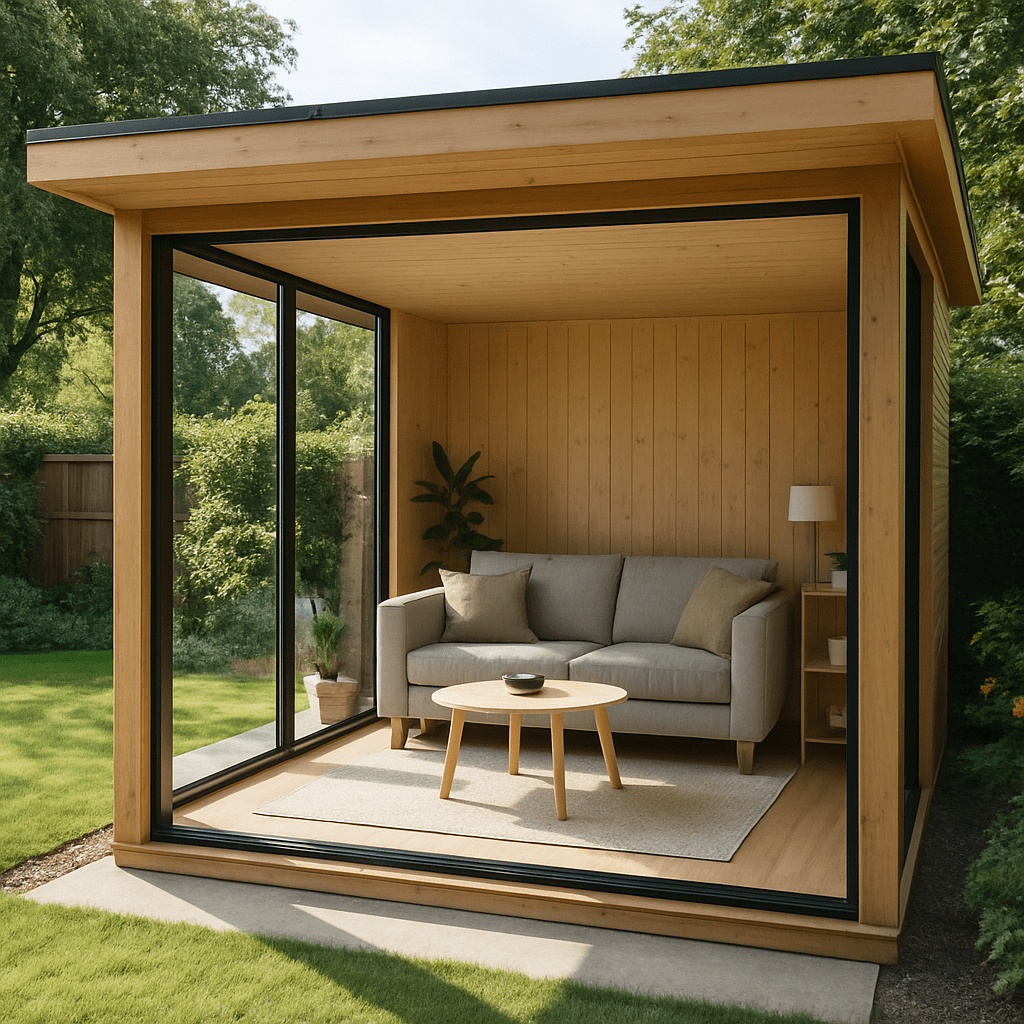 Modernes Gartenhaus mit gemütlicher Einrichtung, Sofa und großen Fenstern
