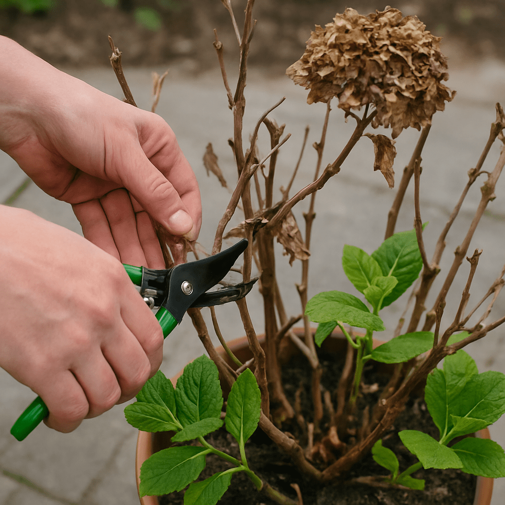 Gartenschere schneidet vertrocknete braune Pflanzenteile (Totholz) aus einem Hortensienbusch im Topf