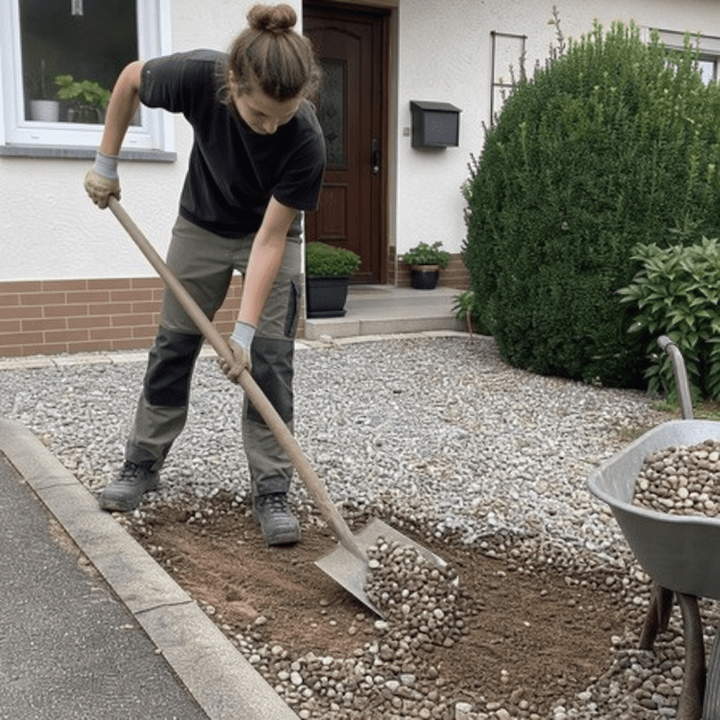 Person, die mit einem Spaten Schottersteine aus dem Vorgarten entfernt, um die Fläche zu entsiegeln
