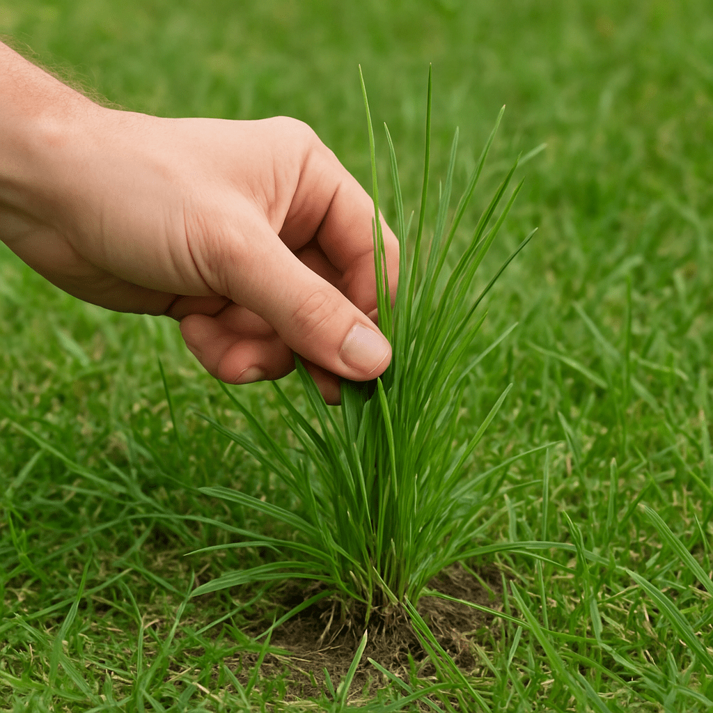 A hand gently pulling on a central tuft of grass to check root stability.
